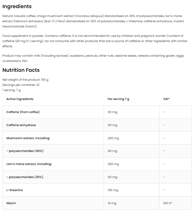 Ostrovit Coffee with Mushroom | Natural Robusta with Chaga, Lions Mane, Caffeine & L-Theanine-factsheets