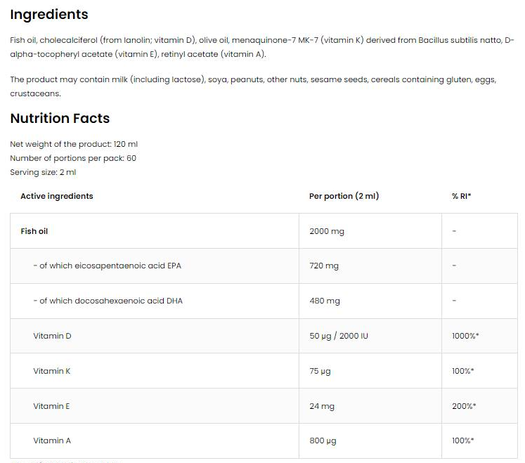 OstroVit Omega 3 Liquid + ADEK | Vitamin A + D + E + K-factsheets