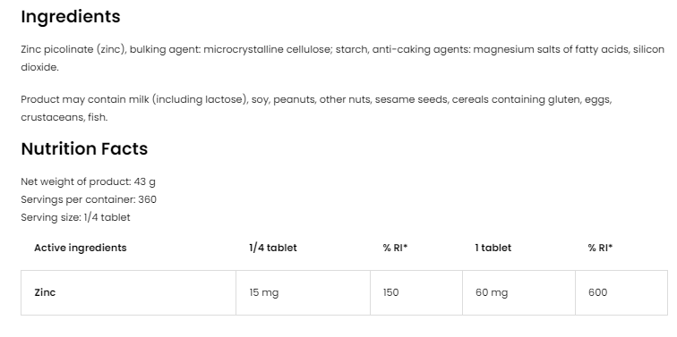 OstroVit Zinc 60.000 | Zinc Picolinate 60 mg-factsheets