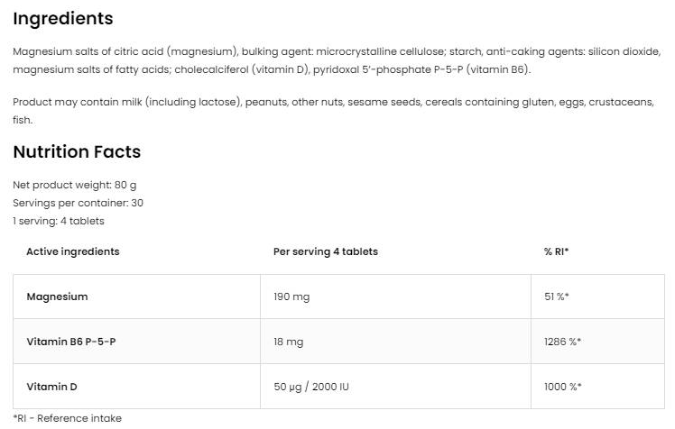 OstroVit Magnesium + Vitamin D3 2000 IU + B6-factsheets