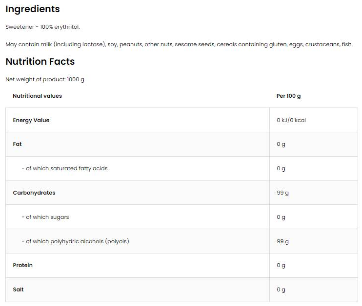 OstroVit Erythritol - Sugar Free-factsheets