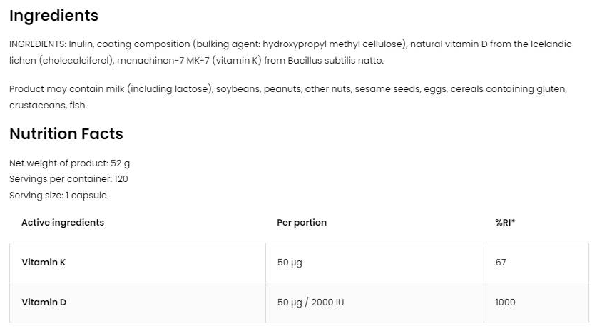 OstroVit Vitamin D3 2000 + K2 50 mcg | Vege-factsheets