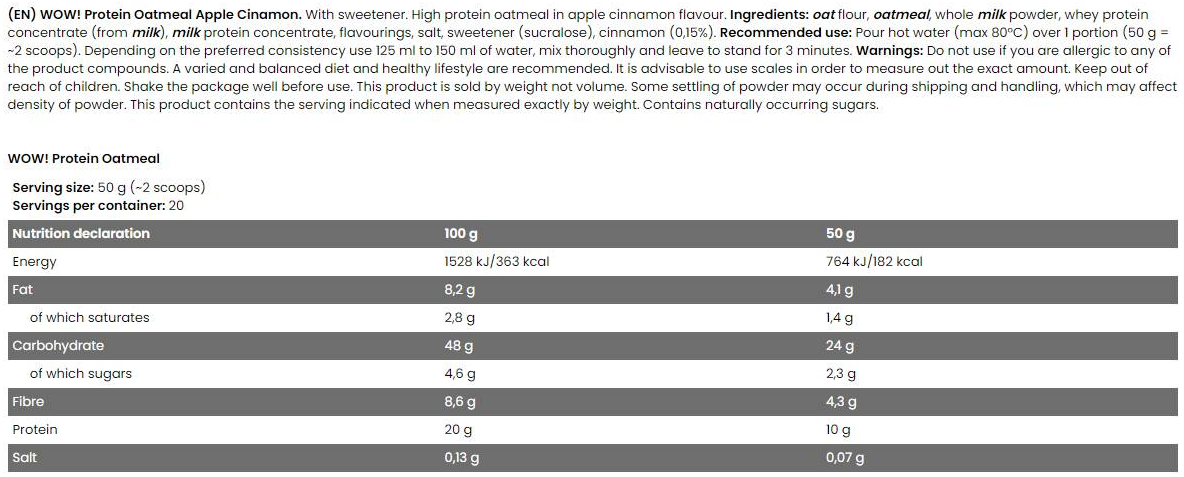 FA Nutrition WOW ! Protein Oatmeal | 20% Protein - No Sugar Added-factsheets