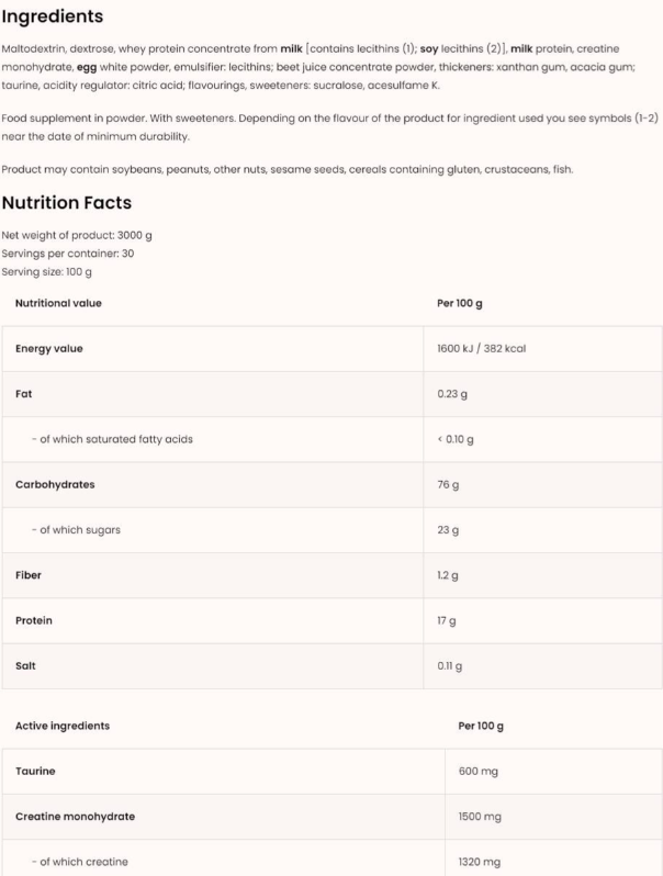 OstroVit Gainer High Carb ~ Low Fat | Miami Vibes Limited Edition-factsheets