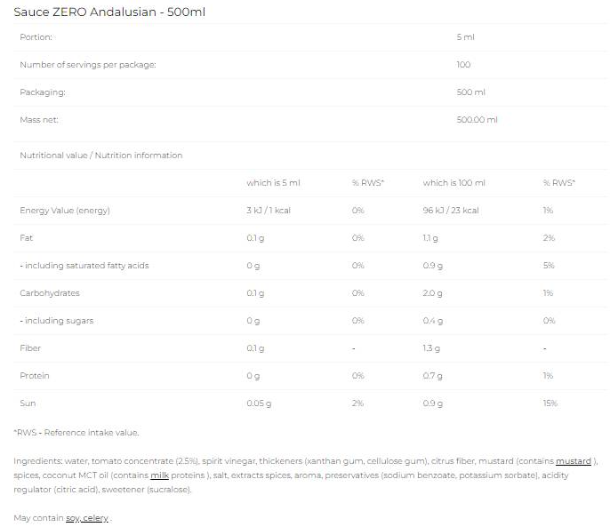 6PAK Nutrition Sauce Zero - Andalusian-fisa nutrițională