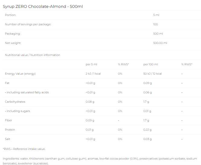 6PAK Nutrition Syrup Zero - Chocolate Almond-fisa nutrițională