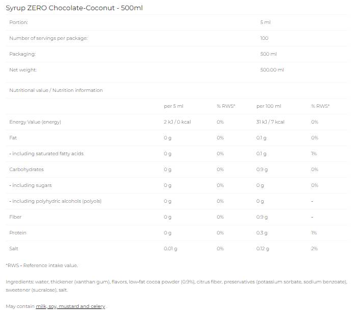 6PAK Nutrition Syrup Zero - Chocolate Coconut-fisa nutrițională