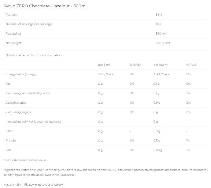 6PAK Nutrition Syrup Zero - Chocolate Hazelnut-fisa nutrițională