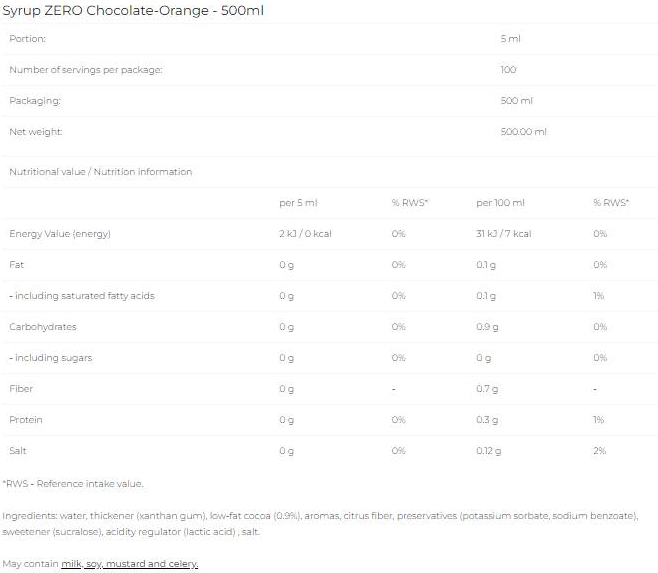 6PAK Nutrition Syrup Zero - Chocolate Orange-fisa nutrițională