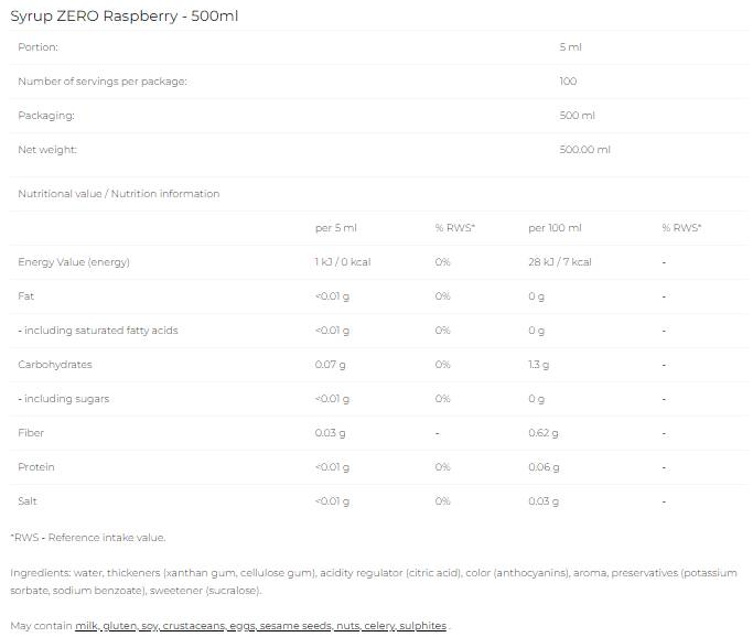 6PAK Nutrition Syrup Zero - Raspberry-fisa nutrițională