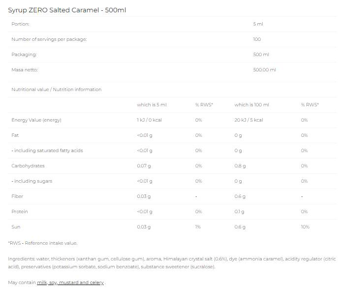 6PAK Nutrition Syrup Zero - Salted Caramel-fisa nutrițională