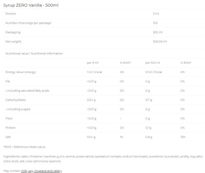 6PAK Nutrition Syrup Zero - Vanilla-fisa nutrițională