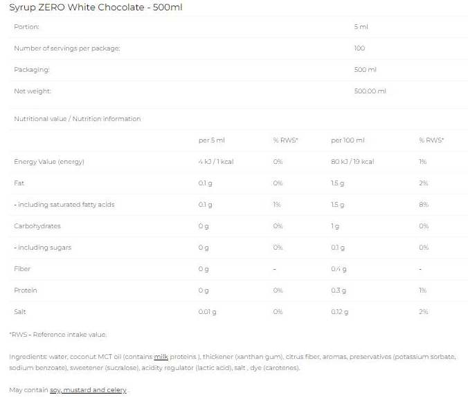 6PAK Nutrition Syrup Zero - White Chocolate-fisa nutrițională