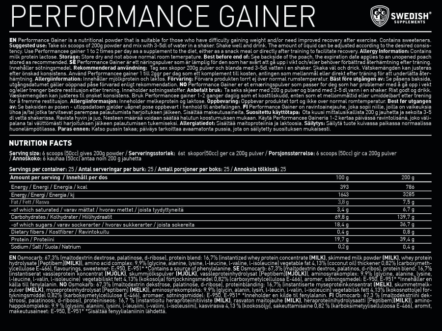 SWEDISH Supplements Gainer | Performance Rebuild-fisa nutrițională