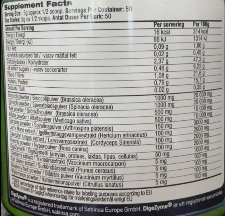 Swedish Supplements Super Greens-fisa nutrițională