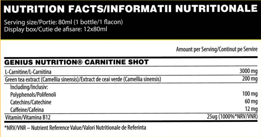 Genius Nutrition L-Carnitine Shot 3000 12x80ml-fisa nutrițională