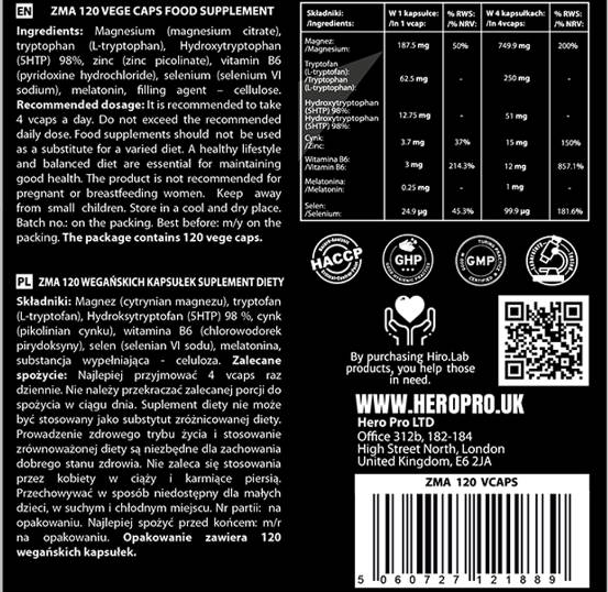 Hero.Lab ZMA | with 5-HTP, Melatonin, L-Tryptophan & Selenium-fisa nutrițională