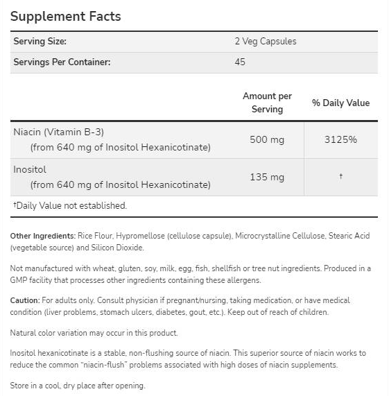 NOW Foods Niacin Vitamin B3 Flush-Free 250 mg-fisa nutrițională