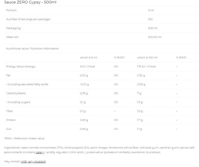6PAK Nutrition Sauce Zero - Gypsy-fisa nutrițională