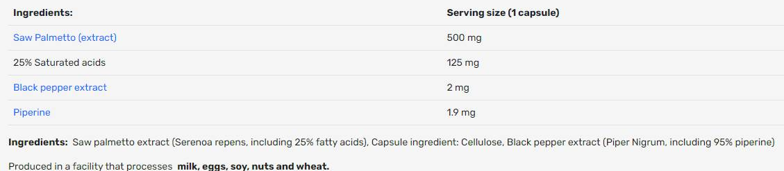 Human Protect Saw Palmetto 500 mg | with 25% Saponins-fisa nutrițională