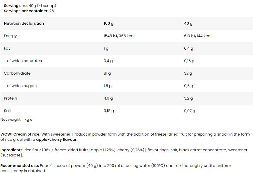 FA Nutrition WOW! Cream of Rice-fisa nutrițională