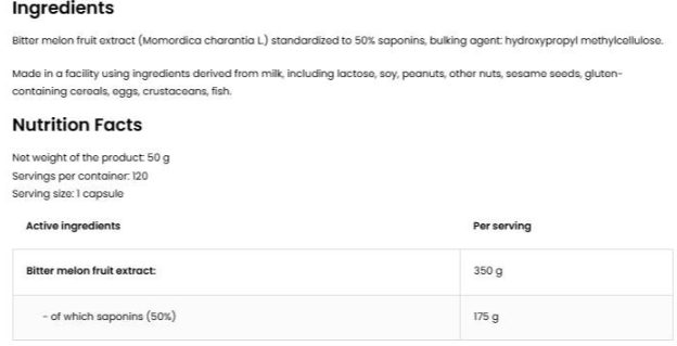 OstroVit Bitter Melon 350 mg | with 50% Saponins-fisa nutrițională