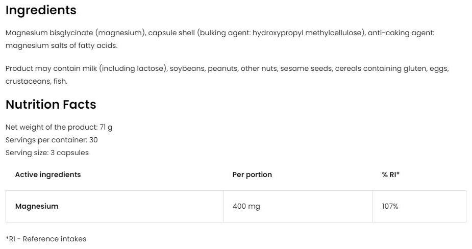 OstroVit Magnesium Glycinate | 133 mg Serving of Magnesiuim Bisglycinate-fisa nutrițională