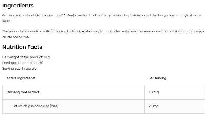 OstroVit Panax Ginseng 110 mg | Root Extract-fisa nutrițională