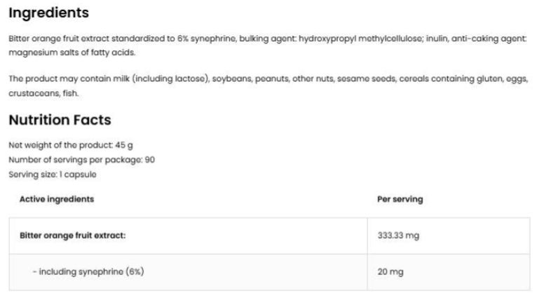 OstroVit Synephrine 20 mg-fisa nutrițională