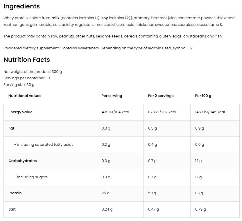 OstroVit Pure Whey Protein Isolate-fisa nutrițională