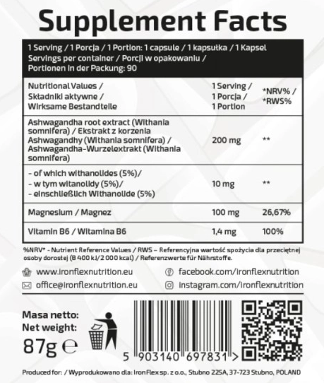 IronFlex Nutrition Ashwagandha KSM-66+MG+B6-fisa nutrițională