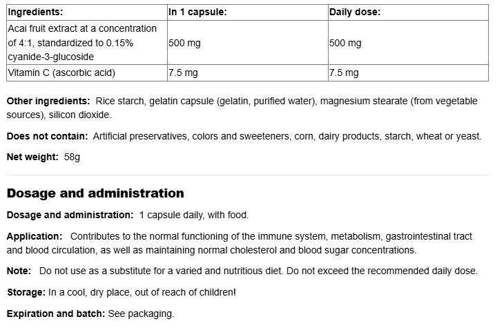 AcaiRich® Acai Berry Concentrate 4:1/ Acai 500 mg-fisa nutrițională