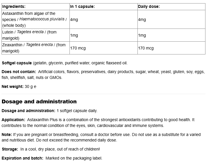 Natural Factors Astaxanthin Plus/ Astaxanthin + Lutein and Zeaxanthin 4 mg-fisa nutrițională